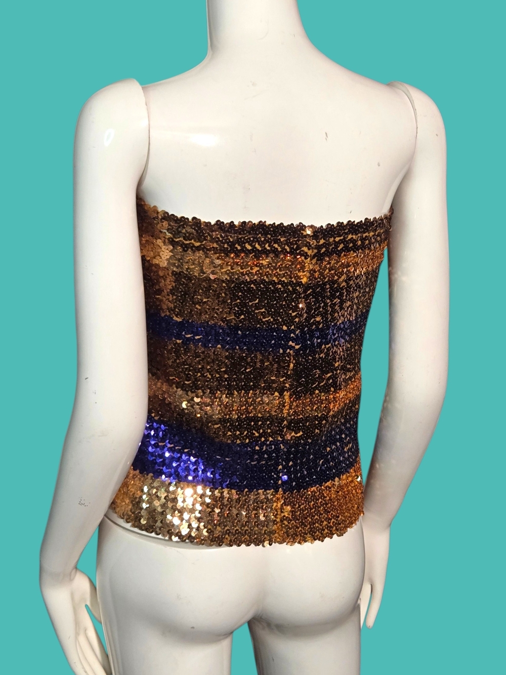 Gold & Blue Sequin Strapless Women’s Top - Picture 2 of 2